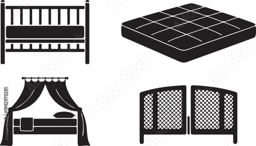 Four black silhouette of beds and bedding crib baby bed