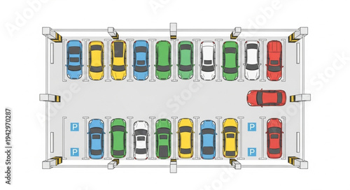 Aerial view of a full parking lot with colorful cars.