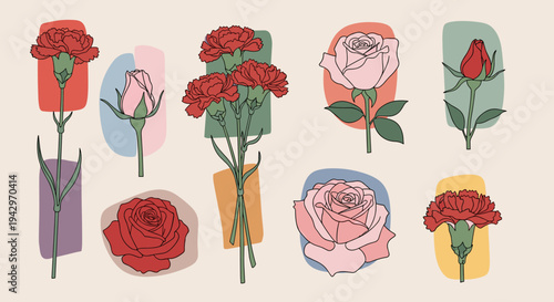 A vibrant collection of illustrated roses and carnations in a modern, minimalist style, suitable for floral design projects