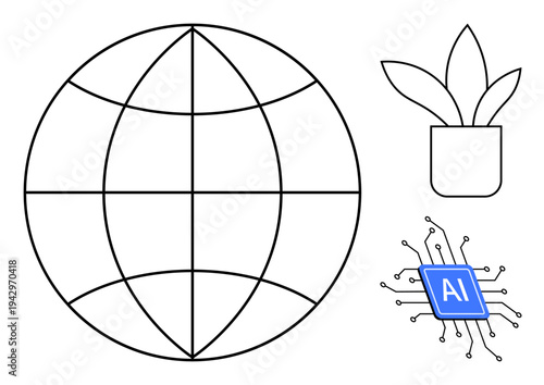 Global connectivity, technology, artificial intelligence, eco-consciousness, innovation, digital transformation. A globe, potted plant and AI chip networking and AI with sustainability. Global