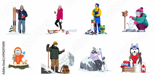 Vector illustrations of people and a husky enjoying winter outdoor activities including skiing, hiking, sledding, and building a snowman.