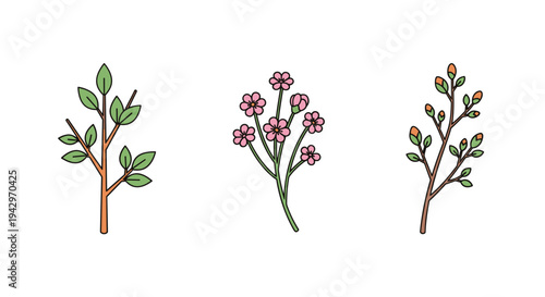 A collection of hand-drawn floral elements featuring various branches and flowers in a colorful, illustrative style