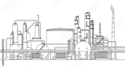 Industrial Factory Complex Line Drawing.
