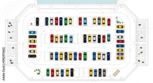 Aerial view of a busy parking lot with many cars.