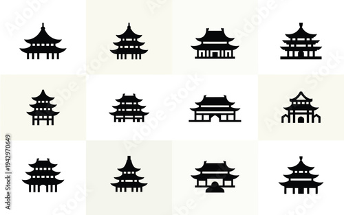 Black silhouettes of various asian style pagodas and temples on pale background icons set