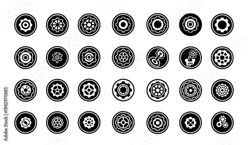 Black gear and cogwheel silhouette icons in circular badges for technology and system design