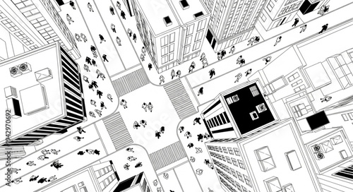 Aerial view of a busy city street intersection with pedestrians and buildings.