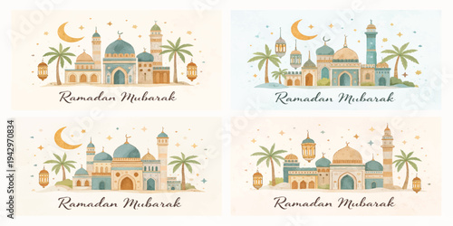 Set of Four Ramadan Kareem Greeting Banners with Mosque, Crescent Moon, Palm Trees and Elegant Islamic Illustration Design