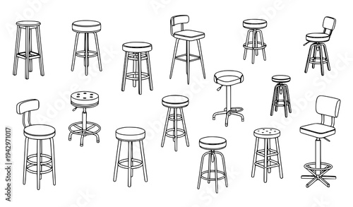 Bar stool outline icon set vector with cafe chair and club furniture symbols