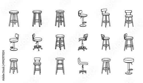 Minimal bar stool outline icons vector collection for cafe bar and club furniture design