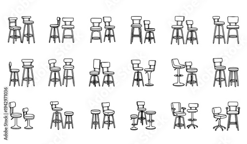 Bar stool line icon pack vector with cafe chair and club seating furniture symbols