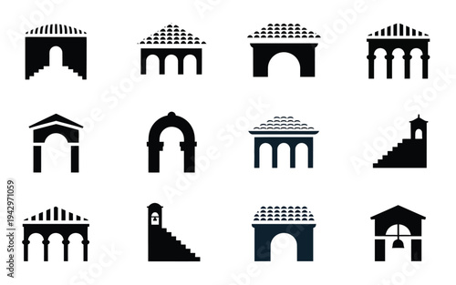 Collection of various architectural gate and archway silhouettes in black on white background for design and decoration