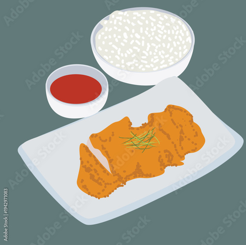 rice and chicken katsu. Japanese Oriental Cusine; Rice with teriyaki chicken grilled and chiken katsu vector illustration
