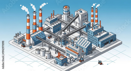 Industrial Factory Complex with Chimneys.