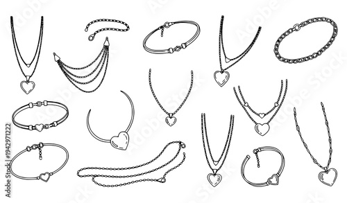 Romantic jewelry vector collection with heart pendant necklaces and delicate chain bracelets