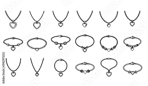 Elegant heart pendant necklace and chain bracelet vector set for romantic jewelry fashion design