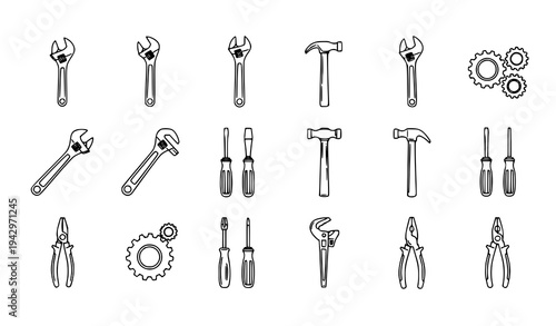 Mechanic tool outline vector set with wrenches hammers screwdrivers pliers and gears for DIY repair