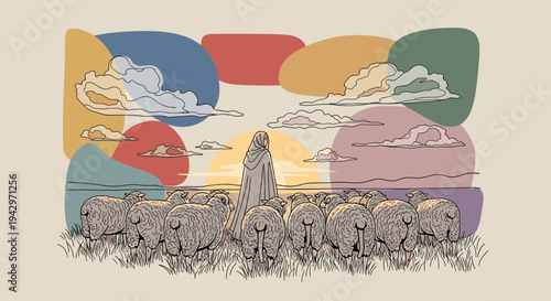 A shepherd tending to a flock of sheep against a colorful abstract background in a modern, minimalist style