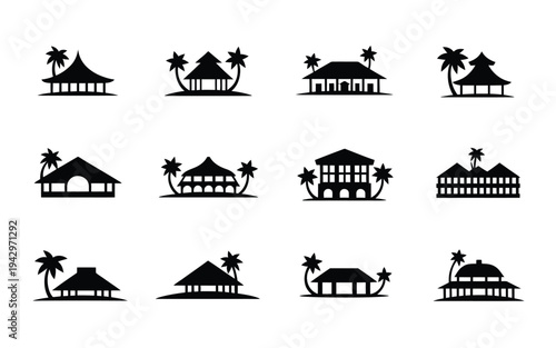 Black silhouettes of tropical huts with palm trees on white background icons for travel and vacation concepts
