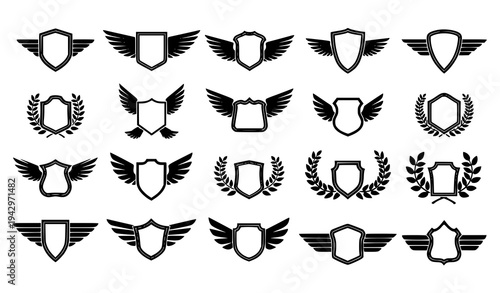 Heraldic emblem icon pack vector with shields wings and laurel wreath silhouettes