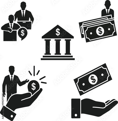 Financial transactions and banking icons set with money and business people