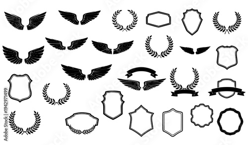 Heraldic emblem silhouette collection with wings shields and laurel wreath symbols