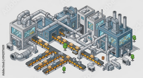 Industrial Factory Complex with Machinery.