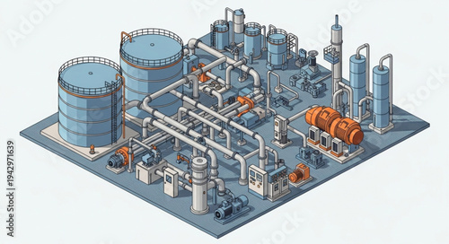 Industrial Factory Complex with Pipelines.