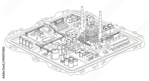 Industrial Factory Complex with Pipelines.
