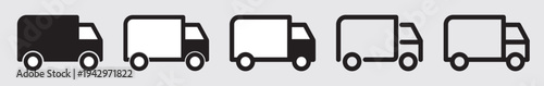 Delivery car icon set in linear and solid styles isolated on a grey background. Clean symbols representing courier transport, food delivery service, shipping logistics and online orders 