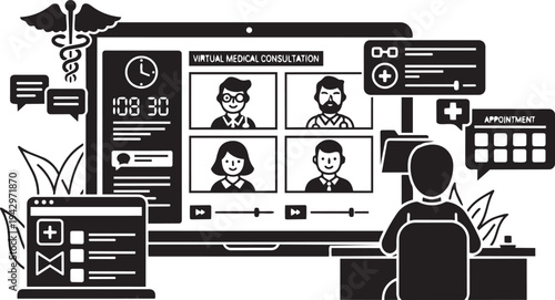 Online medical consultation with doctor on computer screen isolated on transparent background, Vector