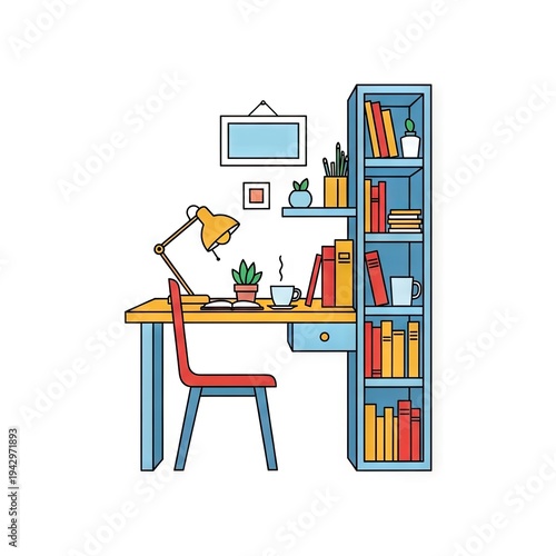 Illustrated Study Desk And Bookshelf With Minimalist Decor in Pastel Colors
