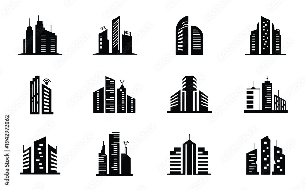 Obraz premium City skyline with various modern office buildings and skyscrapers in black silhouette on white background for architecture design