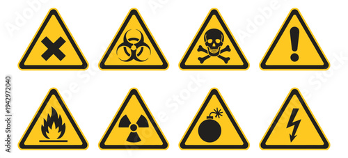 Hazardous material warning sign, black symbol on yellow background vector illustration, safety hazard caution icon for dangerous substances