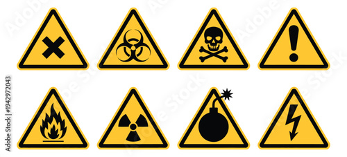 Hazardous material warning sign, black symbol on yellow background vector illustration, safety hazard caution icon for dangerous substances