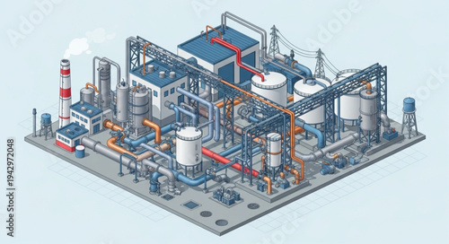 Industrial Factory Complex with Pipelines and Tanks.