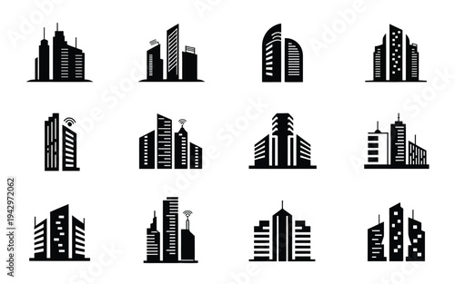 Foto City skyline with various modern office buildings and skyscrapers in black silho