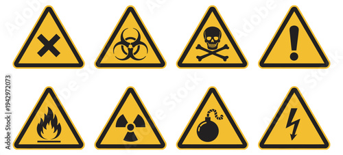 Hazardous material warning sign, black symbol on yellow background vector illustration, safety hazard caution icon for dangerous substances