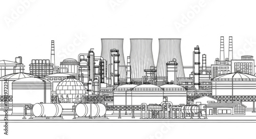 Industrial Factory Complex Line Drawing.