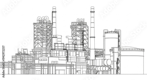 Industrial Factory Complex Line Drawing.