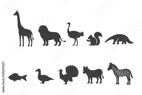 Wild and farm animal silhouette collection including giraffe, lion, ostrich, squirrel, anteater, fish, duck, turkey, donkey and zebra isolated
