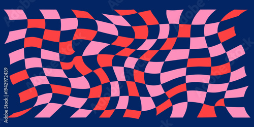 The image displays a wavy, distorted checkerboard pattern. The squares are colored in shades of pink and red, creating a vibrant contrast against the dark blue background. The overall effect is an abs