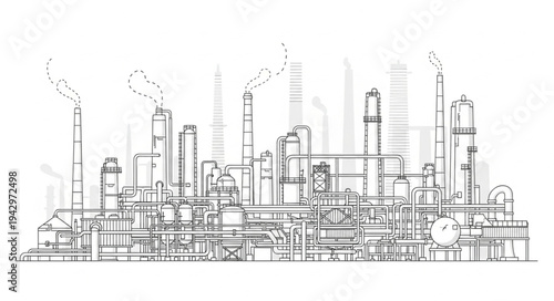 Industrial Factory Complex Line Drawing.