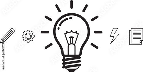 A lightbulb with ideas and creativity symbols isolated on transparent background, Vector