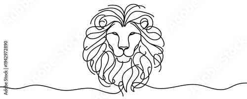 Lion head with a lush mane in one line art style. Minimalist illustration of a majestic wild cat drawn with one continuous black line. Vector illustration.