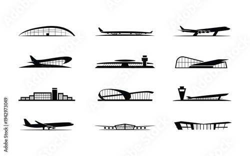 Airport architecture and airplanes in black silhouette vector icons set