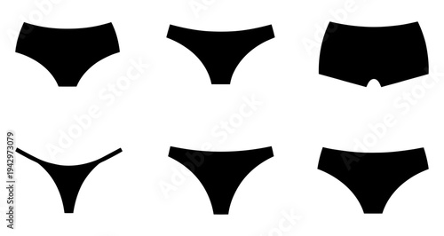 A set of black silhouette icons of various types of women's underwear, including briefs, thongs, and boy shorts. Vector illustration.