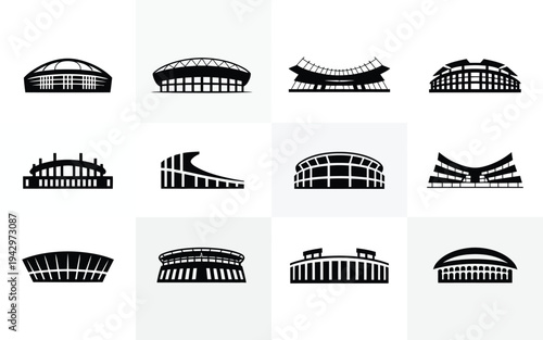 Collection of iconic stadium and arena silhouettes for sports and event venues