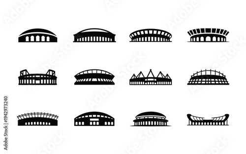 Collection of black and white stadium icons sports arenas and building silhouettes on white background