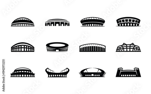 Collection of various stadium and arena architectural icons in black silhouette on white background for sports and event design